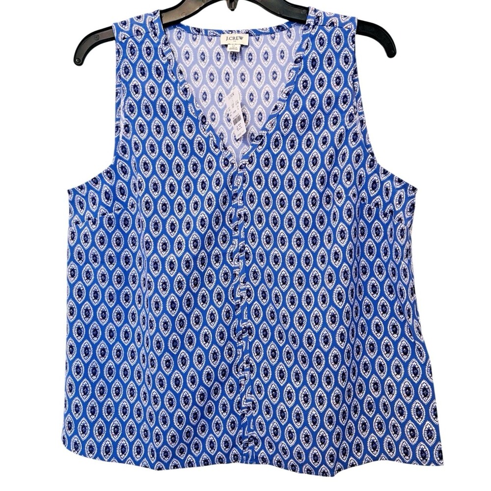 J.CREW Factory Blue/White Sleeveless V-Neck Crepe Shell Top Geometric Medium NWT